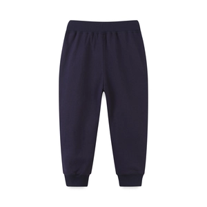 Navy blue boys cotton joggers featuring car patches and elastic ribbed ankle cuffs