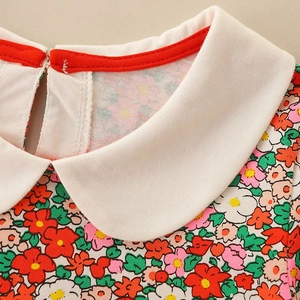 Robe fleurie manches longues pour fille avec col Claudine blanc et liseré rouge