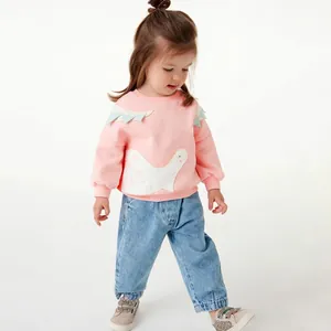 Toddler Girls 100% Cotton Cartoon Dinosaur Embroidered Patch Long Sleeve Sweatshirt Pullover Crew Neck Casual Autumn Top
