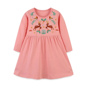 Pink long-sleeve cotton girl dress featuring festive reindeer and floral embroidery