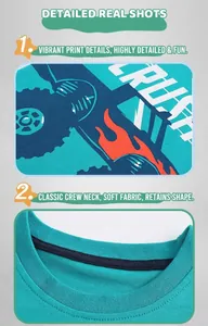 Detail of teal cotton kids T-shirt featuring monster truck print and reinforced neckline