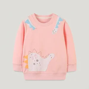 Pink toddler girls sweatshirt with cartoon dinosaur embroidery and ribbed cuffs