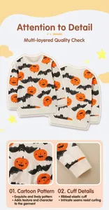 Detail of Halloween pumpkin print and ribbed elastic cuffs on kids sweatshirt