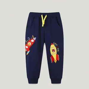 Boys Navy Blue Cotton Jogger Pants With Cartoon Rocket Embroidery Applique Contrast Yellow Drawstring Kids Sweatpants