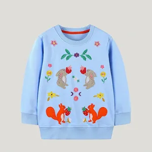 Girls Cartoon Animal Rabbit Squirrel Embroidered Pullover 100% Cotton Long Sleeve Sweatshirt Autumn Casual Light Blue Top
