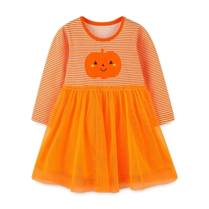 Girls' Halloween pumpkin dress with orange striped long sleeves and tulle tutu skirt