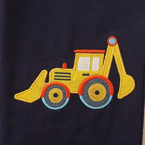 Navy blue boys sweatpants with high-quality yellow excavator embroidery and knit texture