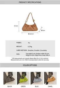 Detailed size specifications and color variants for the pleated PU leather crossbody bag