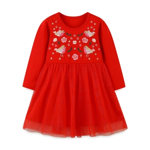Long sleeve red girls dress with floral bird embroidery and layered tulle tutu skirt