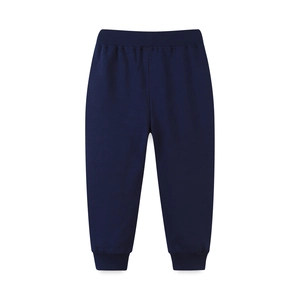 Dark blue boys sweatpants with rocket embroidery and ribbed cuffs for autumn sports