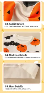 Detail view of white Halloween sweatshirt showing pumpkin prints and ribbed collar texture