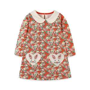Robe fleurie pour filles avec col Claudine blanc et poches cœur lapin mignon