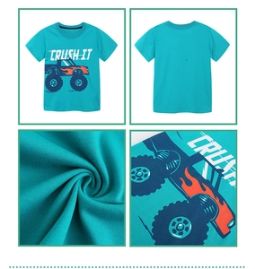 Detail views of teal cotton boy's T-shirt with monster truck print and knit fabric texture