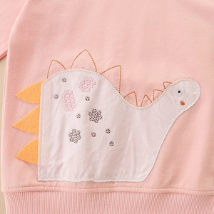 Pink girl's long-sleeve sweatshirt with cartoon dinosaur embroidery and floral print