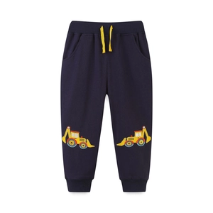Boys navy joggers with yellow drawstring and cute excavator patches for kids