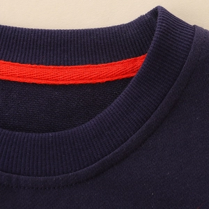 Navy blue kids sweatshirt with ribbed crew neck and red interior reinforcement tape