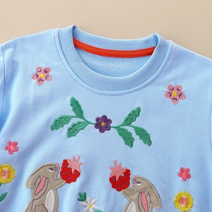 Light blue knit cotton sweatshirt for girls featuring premium floral bunny embroidery