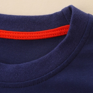 Boys navy blue crew neck long sleeve t-shirt with red contrast neck tape details