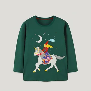 T-Shirt à Manches Longues en Coton pour Enfants Imprimé Fille Licorne Dessin Animé Mignon Vert Foncé Automne