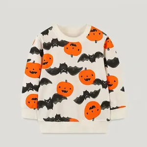 Toddler Cotton Halloween Sweatshirt Pumpkin Bat Printed Round Neck Pullover Long Sleeve Autumn Casual Top For Kids