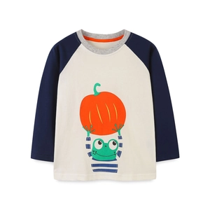 Kids long sleeve raglan T-shirt featuring cartoon pumpkin and frog print for Halloween