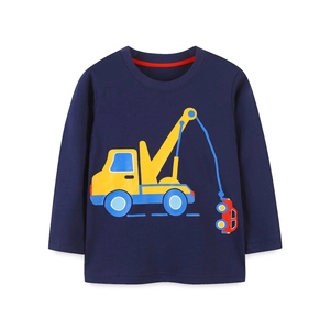 Dark blue long sleeve toddler T-shirt with yellow crane and car cartoon print