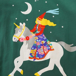 T-shirt manches longues en coton vert foncé pour enfants avec motif licorne et fille