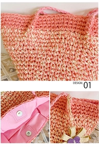 Detail view of pink crochet tote bag featuring magnetic buckles and a sunflower charm