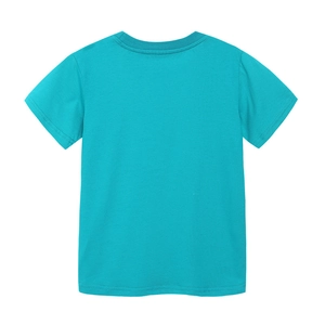 Back view of boys' turquoise cotton T-shirt with crew neck and flat-lay design