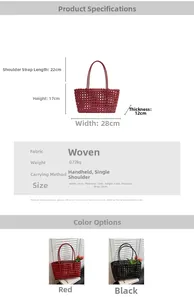 Detailed dimensions of hollow woven beach bag in red and black with strap size info