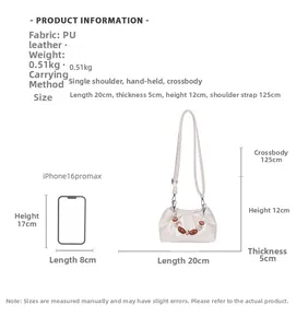 Size chart showing pleated PU leather bag dimensions compared to iPhone 16 Pro Max