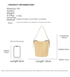 Litchi pattern bucket bag dimensions 18x15x22cm with size comparison to phone