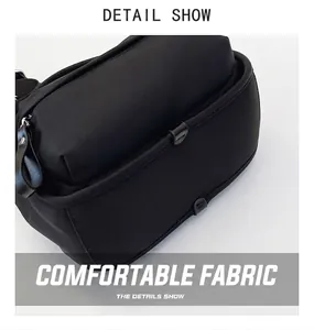 Detailed macro view of the water-resistant fabric and high-quality zipper of this black bag