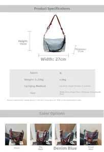Detailed size chart and specifications for the large capacity denim texture tote bag