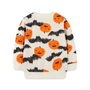 Toddler Halloween sweatshirt with all-over pumpkin and bat prints on cream fabric