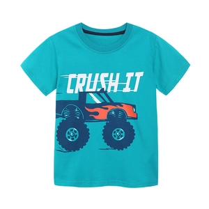 Boys cotton teal t-shirt with monster truck and 'CRUSH IT' graphic print in a flat lay view