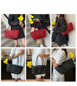 Detail showing red and black hollow woven beach bags in various lifestyle carrying styles