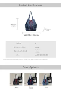 Detailed size chart and color options for the denim tote bag with cat embroidery