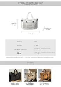 Detailed size guide and specifications for the large capacity canvas travel tote bag