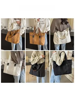 Collage of large canvas tote bag showing multiple carrying styles and color options