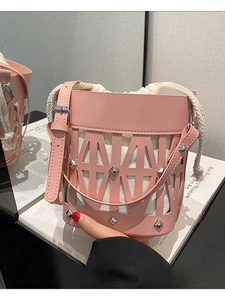 Women Fashion Hollow Geometric Bucket Bag PU Leather Drawstring Crossbody Bag Metal Rivet Decor Large Capacity Shoulder Bag