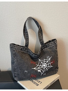 Women Large Denim Tote Bag With Spider Web Embroidery Vintage Wash Shoulder Handbag Streetwear Halloween Casual Shopping Bag