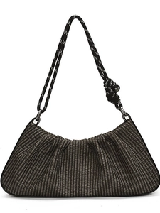 Dark brown woven shoulder bag with pleated texture and decorative rope strap