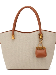 Retro large tote bag with cream woven texture and contrast brown leather handles