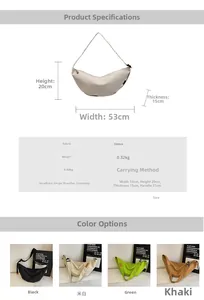 Detailed size guide for crescent canvas crossbody bags in four different colors