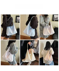 Collage of model wearing large shoulder bags in light blue, lilac, and beige colors