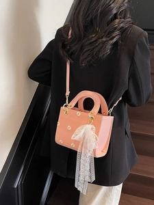 Pink daisy handbag with white lace bow decoration and removable shoulder strap for women