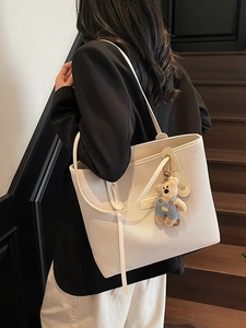 Retro Große Damen Tragetasche Webstruktur PU Leder Umhängetasche Casual Arbeit Pendeln Tasche Mit Bärenanhänger