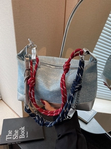 Large Capacity Denim Tote Bag For Women Korean Fashion Woven Rope Strap Shoulder Bag Casual Contrast Color Crossbody Bag