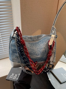 Sparkly blue denim tote bag with thick rope straps and silver metallic trim details